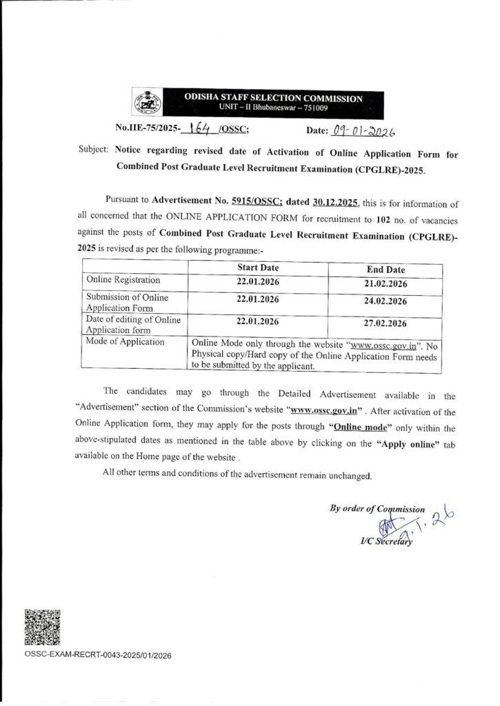 Notice regarding revised Post Graduate Level Recruitment